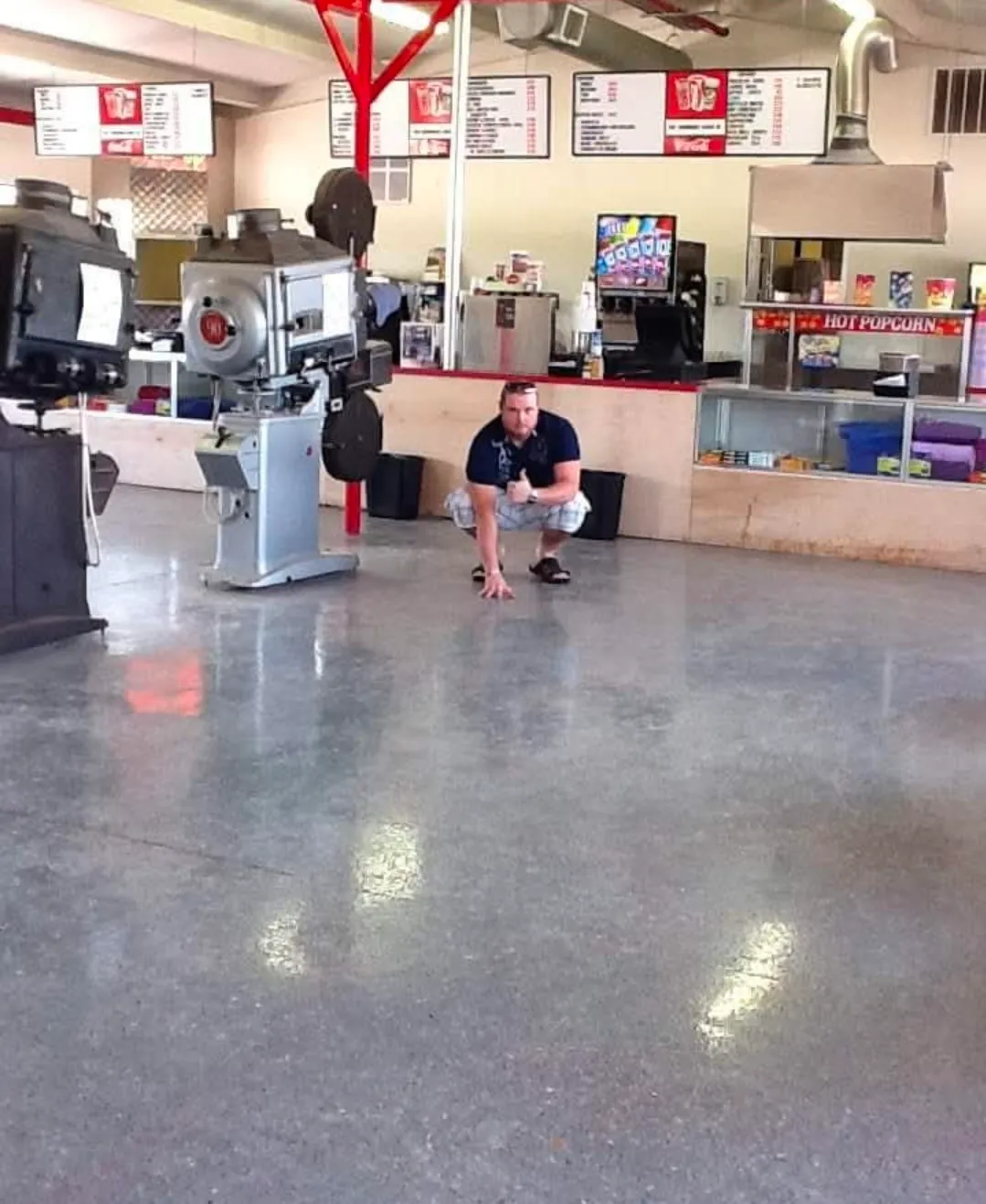 Coated floor across the service counter of a concession stand